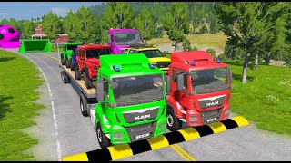 Double Flatbed Trailer Truck vs Speedbumps Train vs Cars  Tractor vs Train BeamngDrive 001 [upl. by Selwyn937]