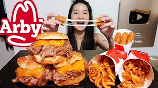 FRIED CHEESE MUKBANG Arbys Half Pound Roast Beef Super Cheesy Mozzarella Sticks Curly Fries Asmr [upl. by Anilah113]