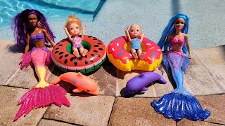 Mermaids  Elsa amp Anna toddlers  Barbie dolls  pool fun  floaties  water fun [upl. by Ardnajela]