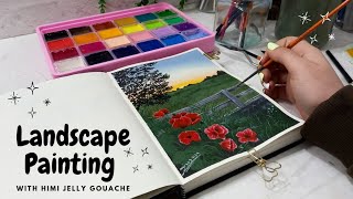 realistic gouache painting tutorial  how to paint a landscape with gouache  ASMR [upl. by Nolham34]