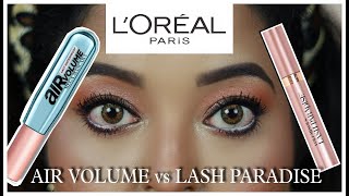 NEW LOreal Paris AIR VOLUME MEGA MASCARA vs VOLUMINOUS LASH PARADISE MASCARAREVIEW amp COMPARISON [upl. by Sidnac]