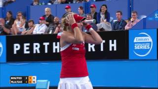 Federer accidentally gets hit by Bencic  Mastercard Hopman Cup 2017 [upl. by Thebault]