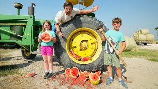 Kids Playing on Farm with Real Tractors and Toys [upl. by Rosie225]