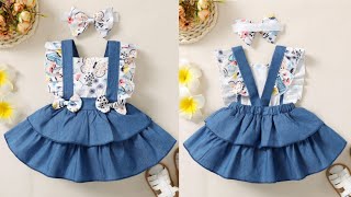 Pinafore Baby Frock Cutting and StitchingPinafore Square Neck Ruffle Baby Dress [upl. by Ahsaek990]