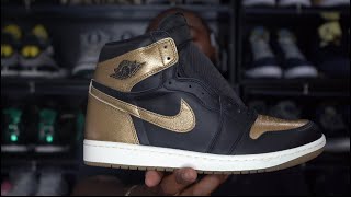 FIRST LOOK AIR JORDAN 1 BLACK GOLD SNEAKER REVIEW [upl. by Ellersick875]