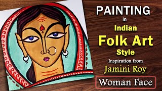 Painting in Indian Folk Art Style  Inspiration Jamini Roy  Woman Face [upl. by Avera]