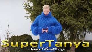 05012013 Blue hand knitted cabled Turtle neck mohair sweater by SuperTanya [upl. by Suiravad887]