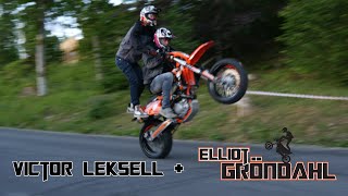 Musikartisten Victor Leksell åker på bakhjulet med MC stuntföraren Elliot Gröndahl  KTM 450 EXC SM [upl. by Cortie27]