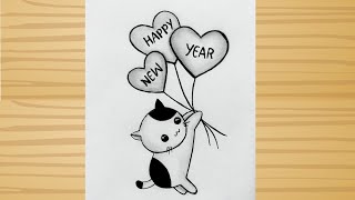 Happy New year drawing 2024 cute drawing easy drawing New year for beginners pencil drawing [upl. by Adnofal]