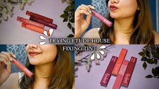 Trying Etude house fixing lip tint review 🌸midnight mauvemellow peachsoft walnutrose lilac [upl. by Kirchner]