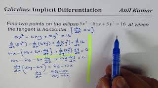 Points on the ellipse 5x26xy5y216 where the tangent is horizontal implicit  Calculus IB [upl. by Karlow]