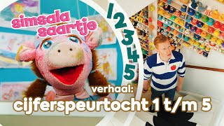 CIJFERSPEURTOCHT 1 tm 5 🖌️🔢🍎  SIMSALA SAARTJE 🐽  Educatieve kleutertelevisie  Schrijfvolgorde [upl. by Ayerf]