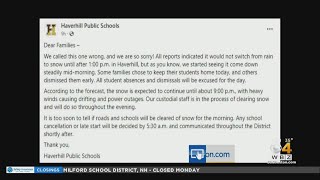 quotWe called this one wrongquot Haverhill Public Schools apologizes for keeping schools open during nor [upl. by Otanod798]