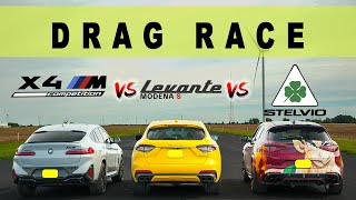 BMW X4M Competition vs Maserati Levante Modena S vs Alfa Romeo Stelvio Quadrifoglio Drag Roll Race [upl. by Fortunna57]