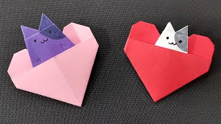 How To Make Valentines Origami Heart Pocket With Paper Craft Origami Cat [upl. by Eniamsaj]