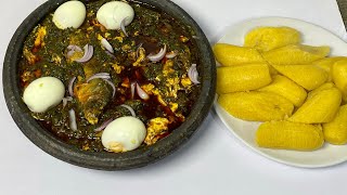 How to make Ghanaian local food Abomu with ripped plantain  spinach or kontomire stew [upl. by Meldon]