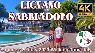 ITALY SUMMER WALK LIGNANO SABBIADORO centro storico strada principale Spiaggia 4K [upl. by Ardnuaet]