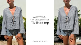 Tie front blouse sewing pattern  Ganni style  Beginner friendly sewalong tutorial [upl. by Ayotaj]