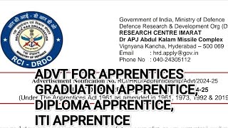 DRDO RCI Advt 202425 Full Details Trade Apprentice Diploma Apprentice Graduation Apprentice [upl. by Lemaj]