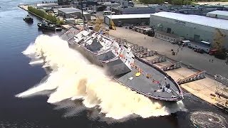 US Navy Launches New Warship Sideways Into Water — USS Billings Christening and Launch [upl. by Rafferty]