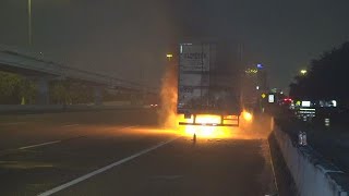 RAW VIDEO Truck carrying jalapenos catches fire on US 59 [upl. by Aryek]