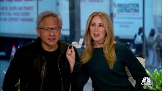 Nvidia CEO Jensen Huang makes surprise appearance on Squawk Box set [upl. by Aruasi]