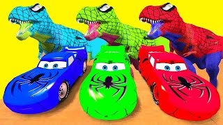 Dinosaurios Spiderman amp Custom Color Lightning Mcqueen Cars  Video Divertido [upl. by Asserak]