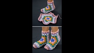 Easy crochet granny squares slippers Step by step tutorial Miarti🧶 [upl. by Bobker]