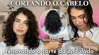 cortando o cabelo ondulado sozinha 🤍 renovando o corte em camadas base U e franja [upl. by Avigdor]