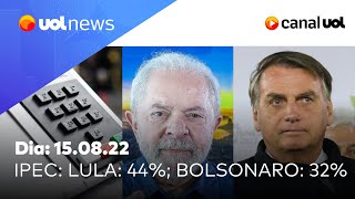 Pesquisa Ipec ao vivo Lula tem 44 e Bolsonaro 32 resultados e análises com colunistas do UOL [upl. by Dlaniger467]