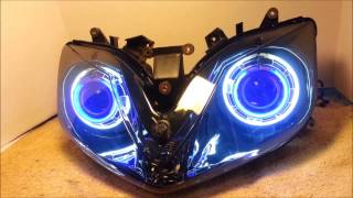 1 2001  2006 Honda CBR600 F4i HID Projector Headlights BiXenon Dual Angel Eyes Halo By BKmotocom [upl. by Onitnas]