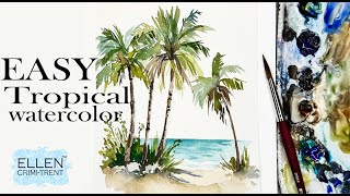 EASY Watercolor Tropical seascape painting for beginners [upl. by Elinad]