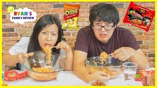 Extreme Spicy Noodle Challenge 2x Loser drinks Hot Sauce with Ryans Family Review [upl. by Oralie]