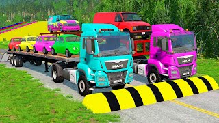 Double Flatbed Trailer Truck vs Speedbumps Train vs Cars  Tractor vs Train BeamngDrive 23 [upl. by Yartnoed]