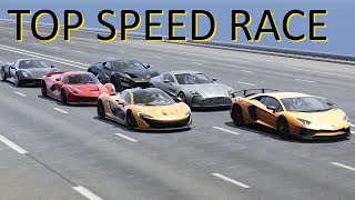 Top Speed Race LaFerrari vs P1 vs 918 vs Huayra vs Zenvo vs One77 vs Aventador SV [upl. by Keavy]