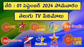 sunday movies schedule  01 september 2024 movies schedule  daily tv movies list in telugu tv guide [upl. by Garvin]