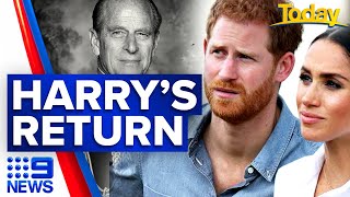 Prince Philips death Harry expected to return for funeral  9 News Australia [upl. by Lear]