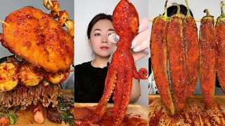 ASMR spicy seafood mukbang  octopus skewers  green peppers  dumplings eating show [upl. by Cuttler]