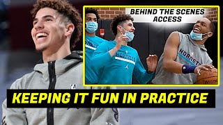 LAMELO HAVING FUN IN PRACTICE HORNETS BEHIND THE SCENES KEEPING THE TEAM SMILING  MELO INTERVIEW [upl. by Aihsel36]