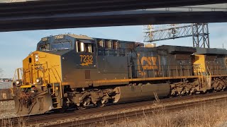 TRAINS CN 327 Mixed Freight With Smokey CSX Engines at Dorval Ramps [upl. by Linn]