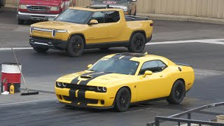 Hellcat vs allelectric pickup truck Rivian  drag racing [upl. by Adekahs]