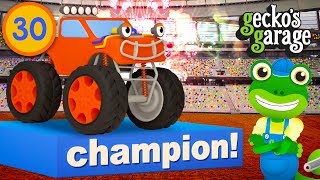 Monster Truck Backflips  Geckos Garage  Educational Videos For Children  Trucks For Kids [upl. by Alodie205]