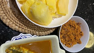 Steamed Cassava with Day Old Fish Curry Gravy ampRoasted Chilli Coconut Sambal with Maldive Fish Chips [upl. by Miharbi]