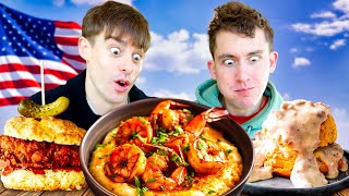 Two Brits try Shrimp and Grits for the first time [upl. by Nnylhsa317]