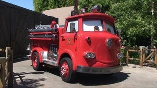 Red the Firetruck and Mater from Pixar Cars in Cars Land Disney California Adventure [upl. by Aitenev]