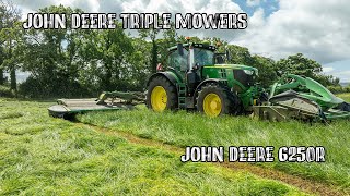 John Deere 6250R amp John Deere Triple Mowers [upl. by Lazaruk267]