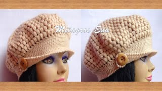 Como tejer la Boina N° 15 a crochet con visera para niñas y mujer en punto garbanzo paso a paso [upl. by Lois651]