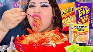 FLAMIN’ HOT CHETOS amp TAKIS MARUCHAN RAMEN NOODLES  MUKBANG [upl. by Eldreeda957]