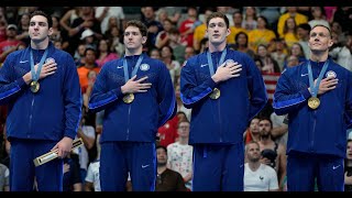 Team USA wins first GOLD of Paris Olympics in mens 4X100 freestyle swimming relay 7272024 [upl. by Amer742]