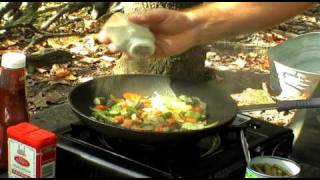 Cherokee river camp cooking  sautéing vegetable with bean rice on Gasone Portable Butane Stove [upl. by Yeliac]